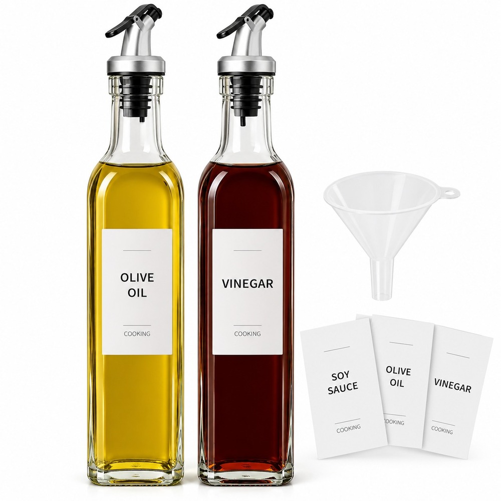 New Oil and Vinegar Dispenser Set 2 Clear Glass Square Bottles Funnel Labels